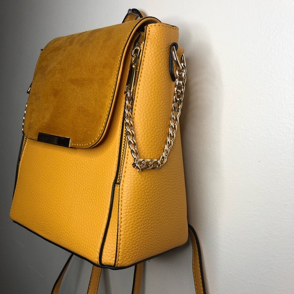 Call It Spring Golden Mustard Faux Leather & Suede Backpack Handbag Gold Chains - Picture 4 of 9